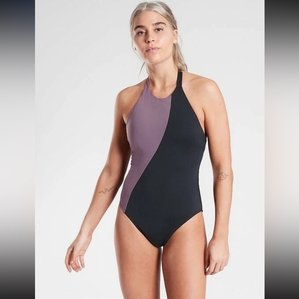 ATHLETA Women’s Asym Colorblock High-Neck One-Piece Swimsuit Black & Mauve Sz L
